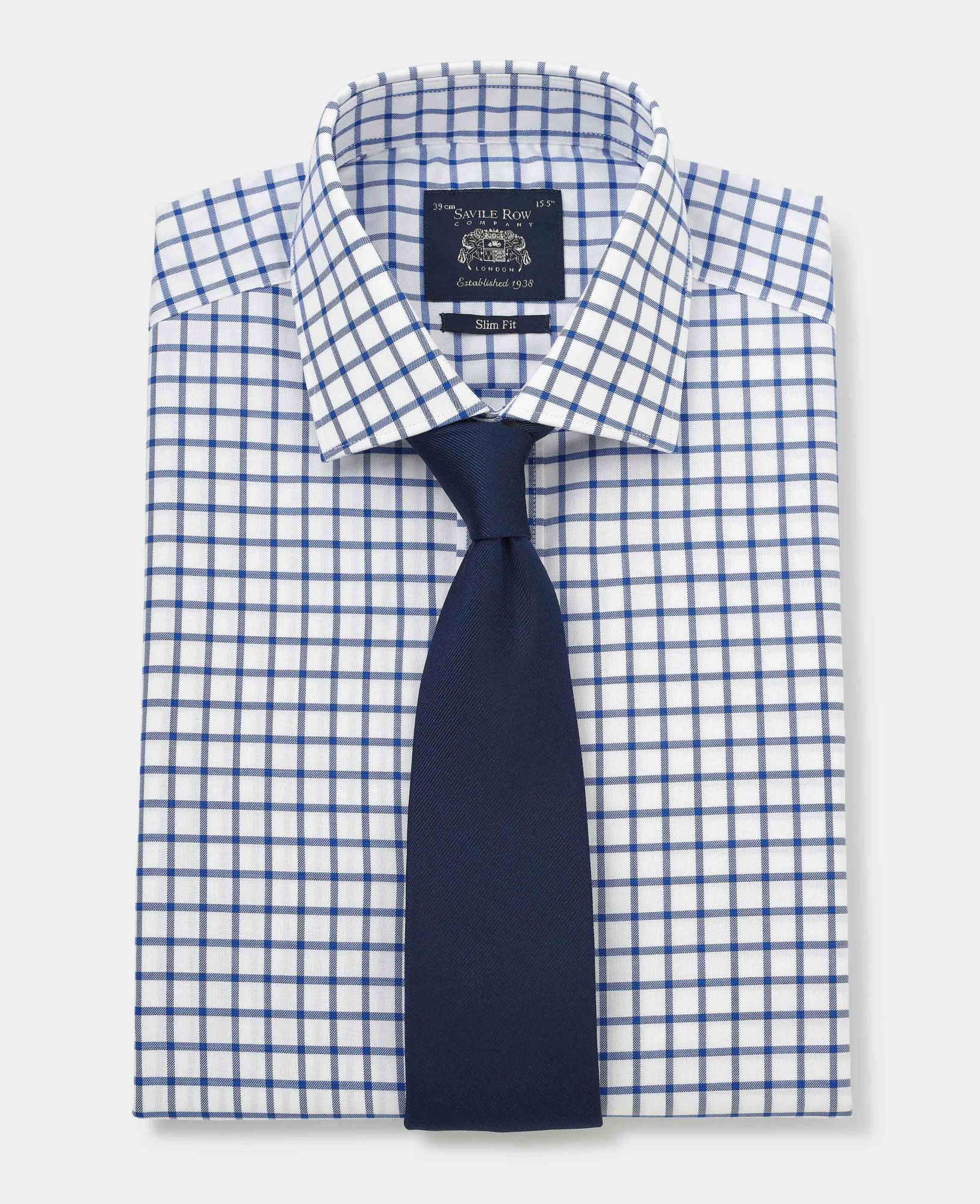 Blue Window Check Slim Fit Shirt - Single Cuff 14 1/2