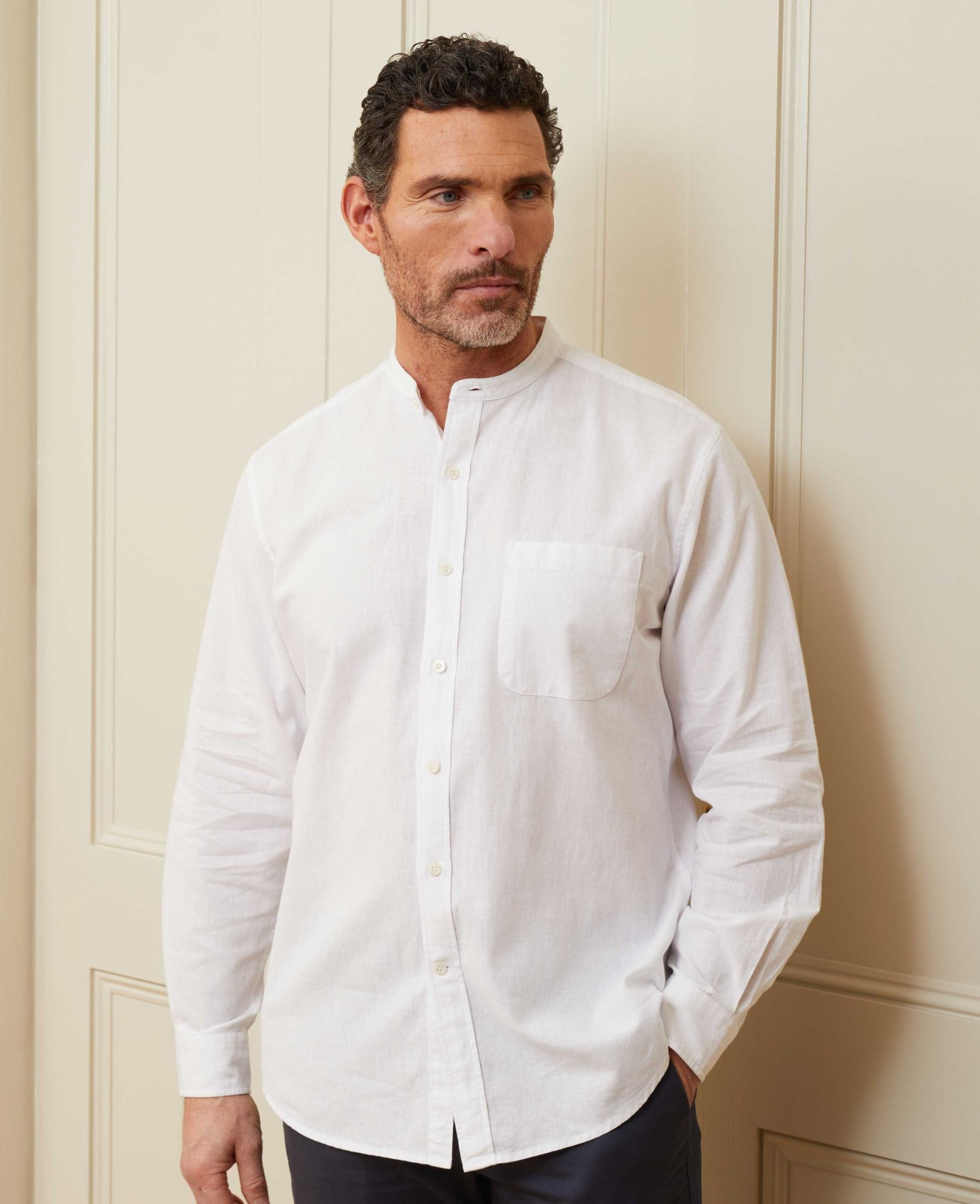 White Linen/Cotton Blend Grandad Collar Shirt L Standard