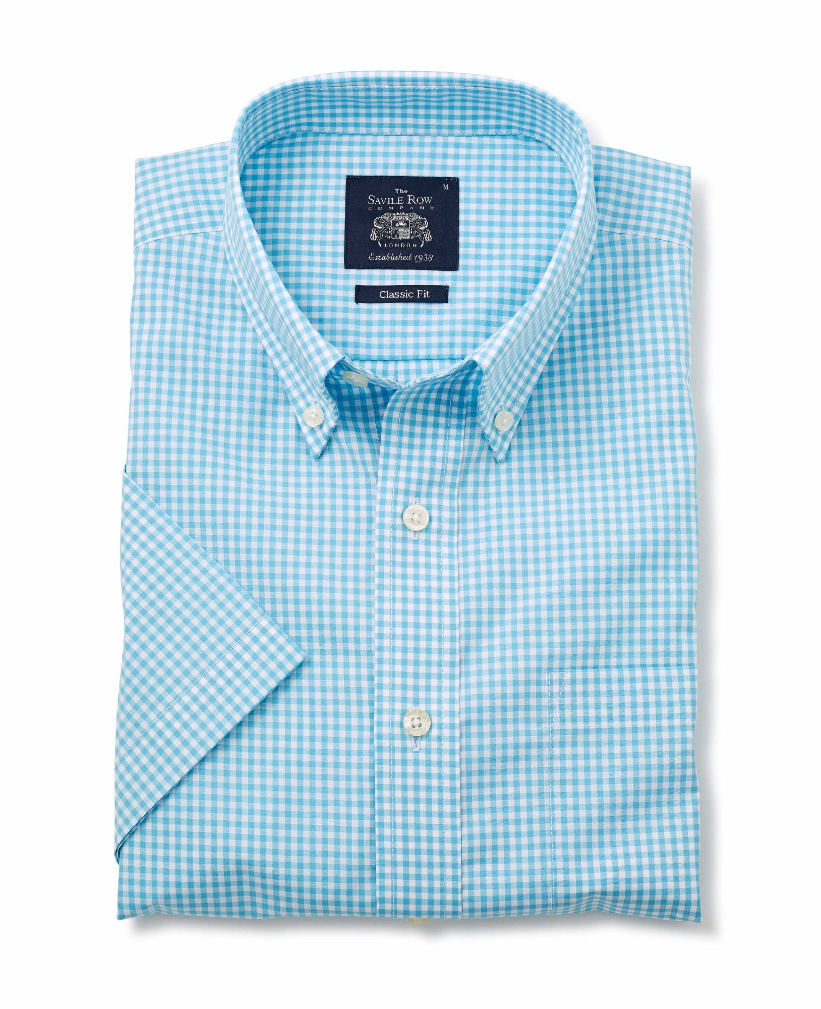 Turquoise Gingham Check Classic Fit Short Sleeve Shirt S