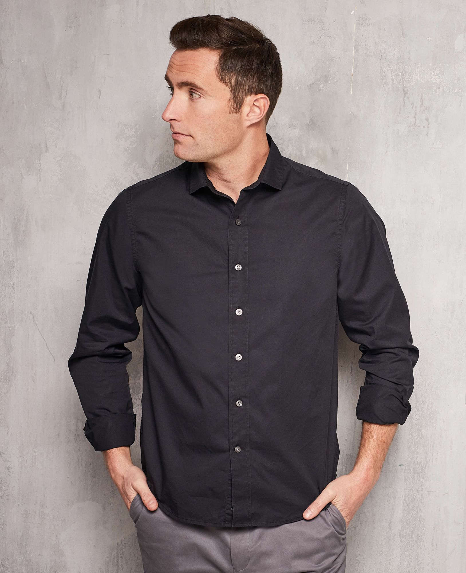 Black Twill Slim Fit Shirt in Shorter Length M Standard