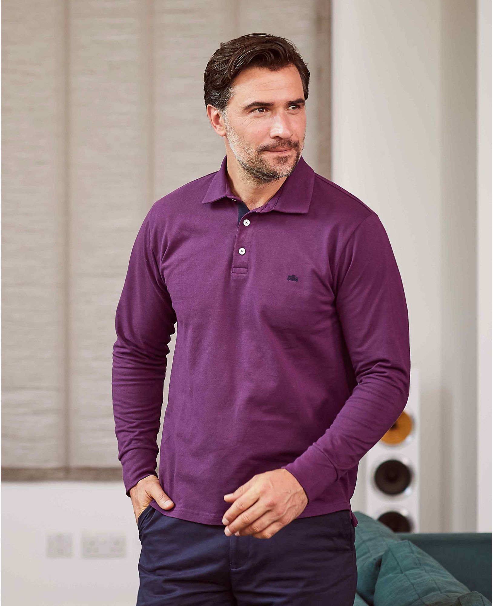 Deep purple Cotton-Pique Long Sleeve Polo Shirt XXL