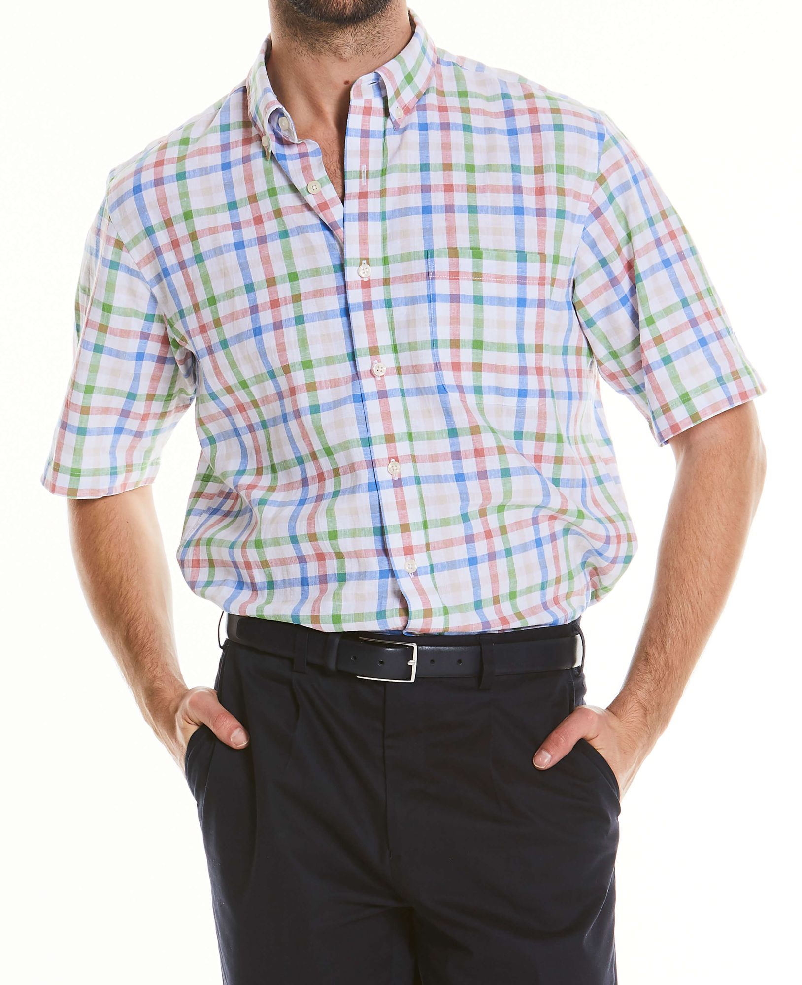 Multi Check Linen-Blend Short Sleeve Shirt S