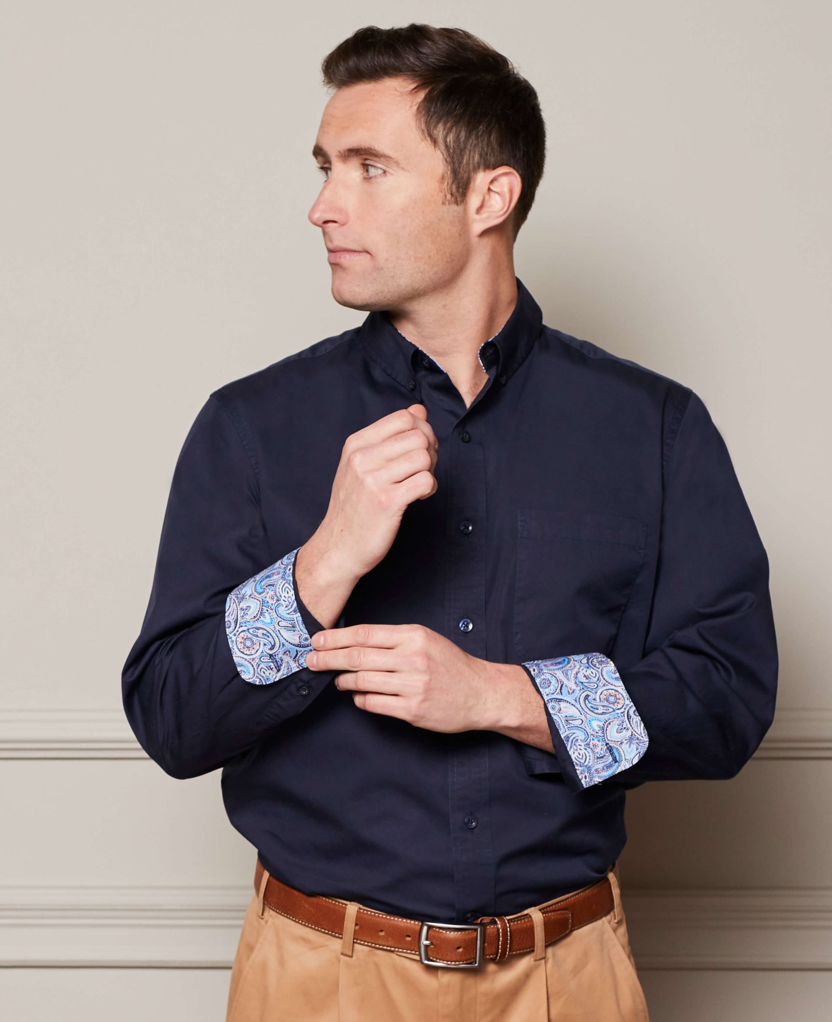Navy Fine Twill Button-Down Casual Shirt S Standard