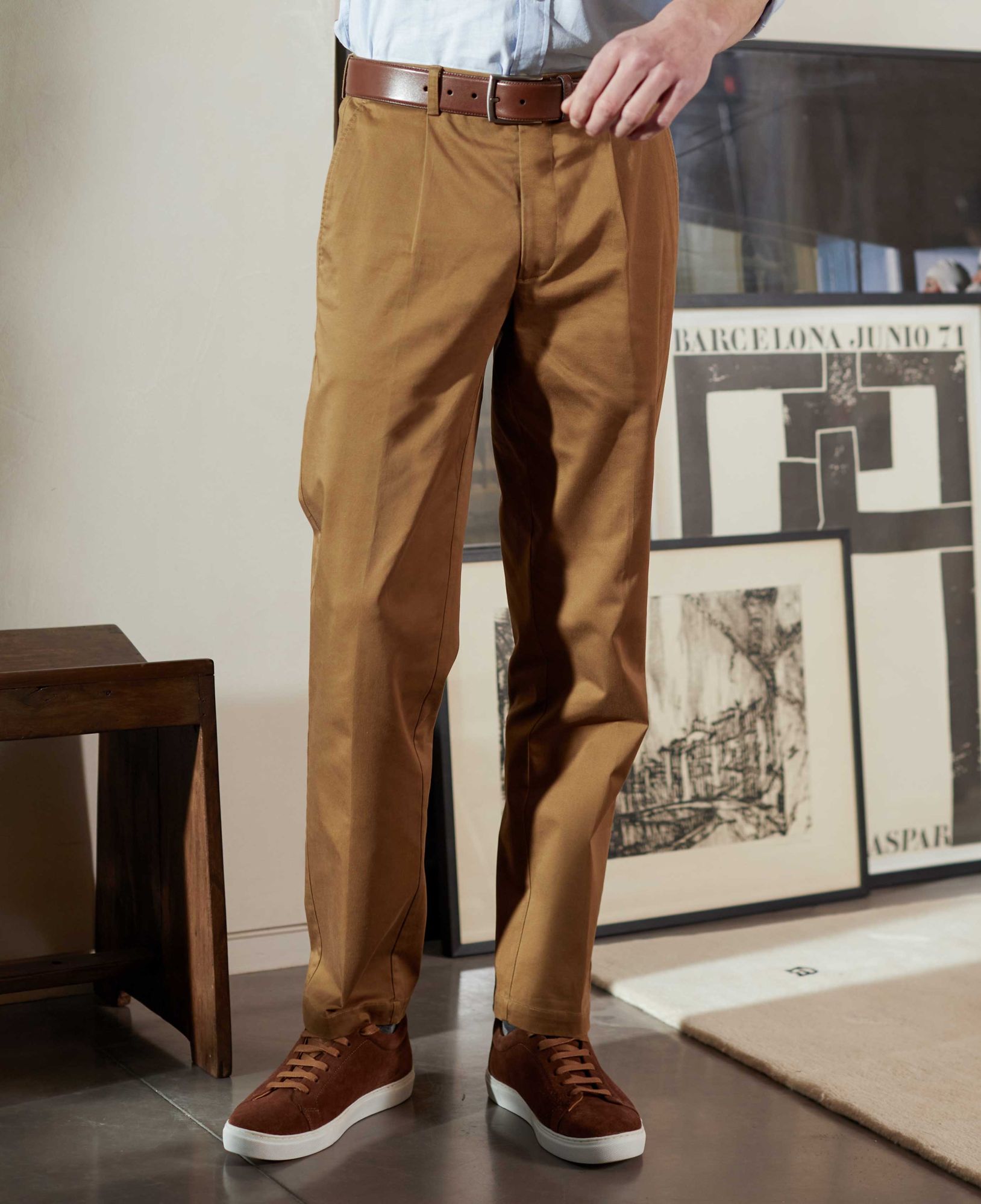 Cappuccino Brown Stretch Cotton Classic Fit Pleat Front Chinos 32
