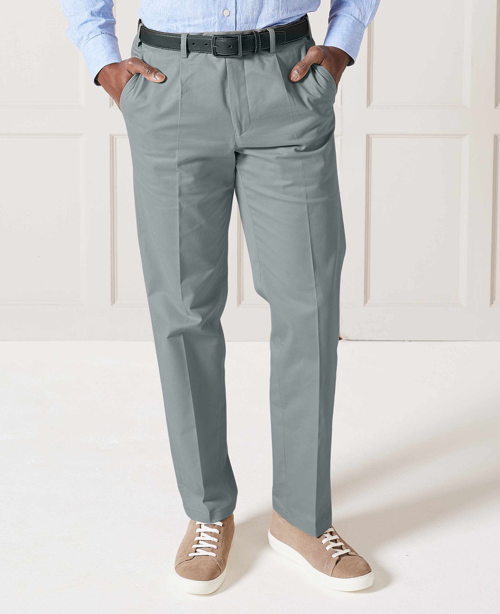 Grey Stretch Cotton Classic Fit Pleated Chinos 36