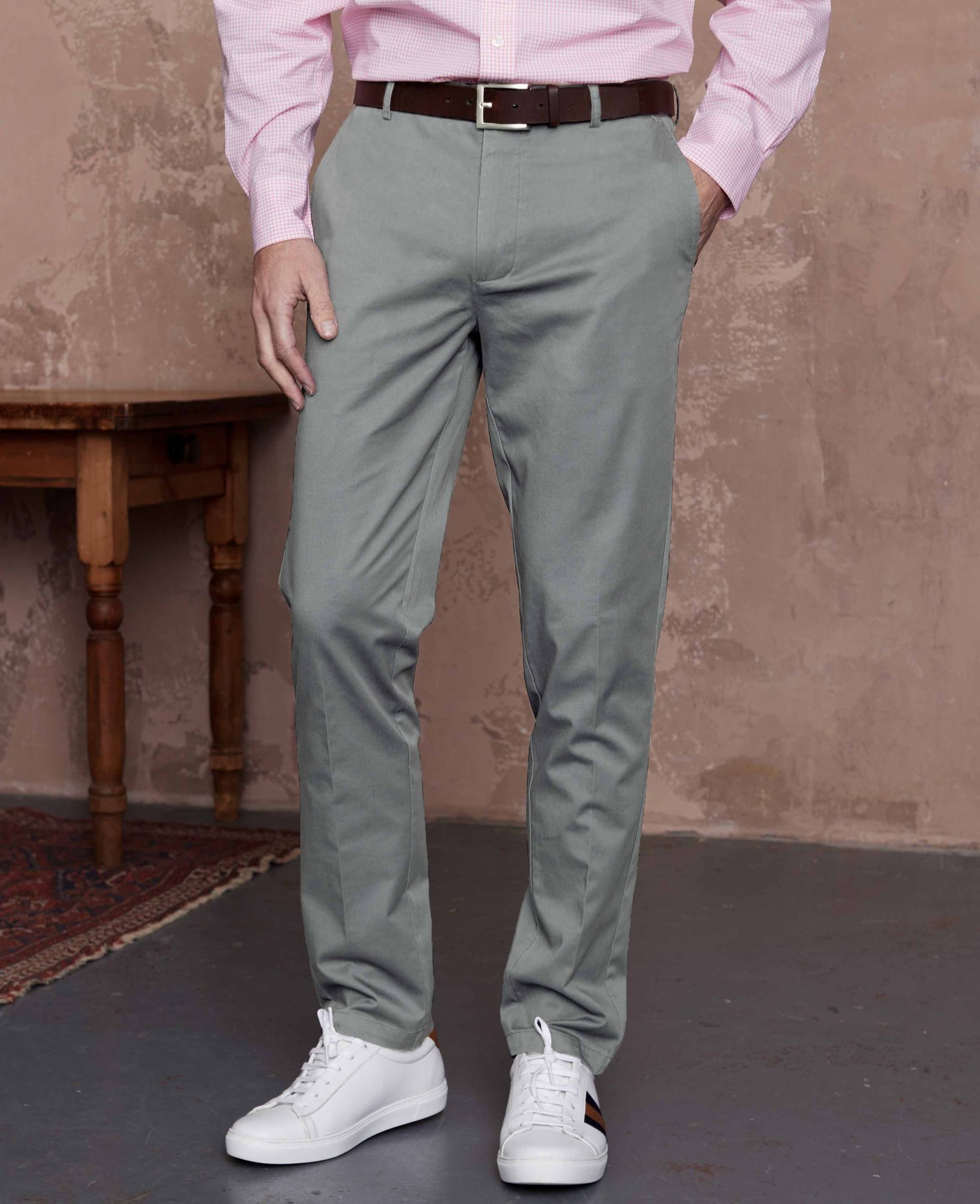 Grey Flat Front Stretch Cotton Slim Fit Chinos 32