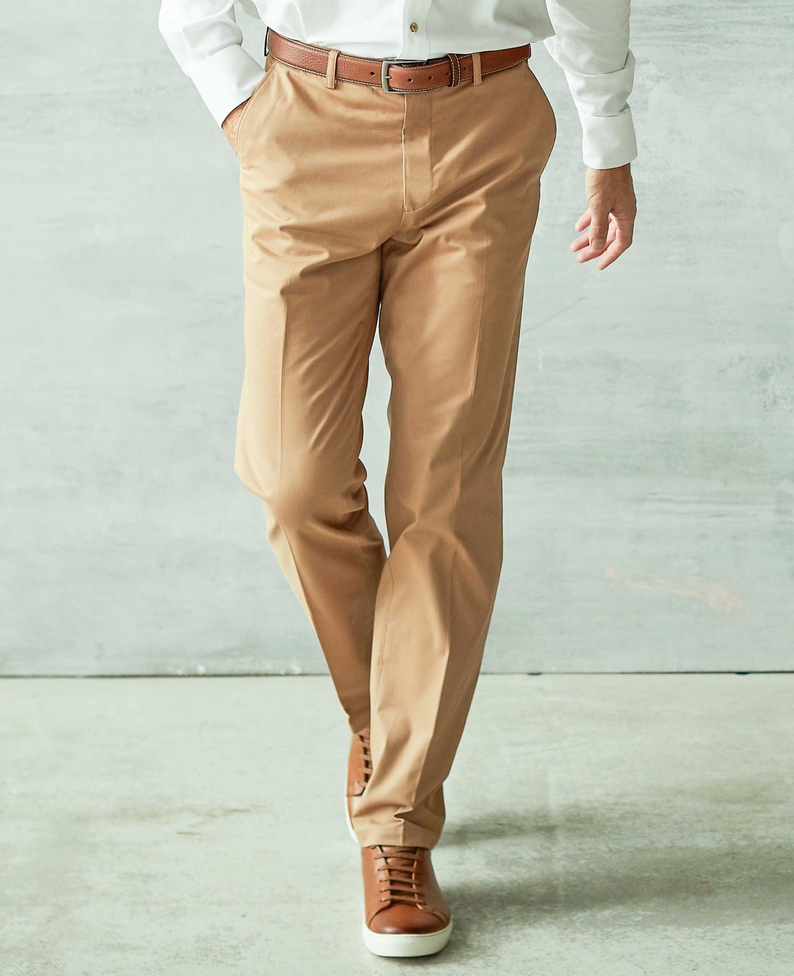 Tan Stretch Cotton Classic Fit Flat Front Chinos 34