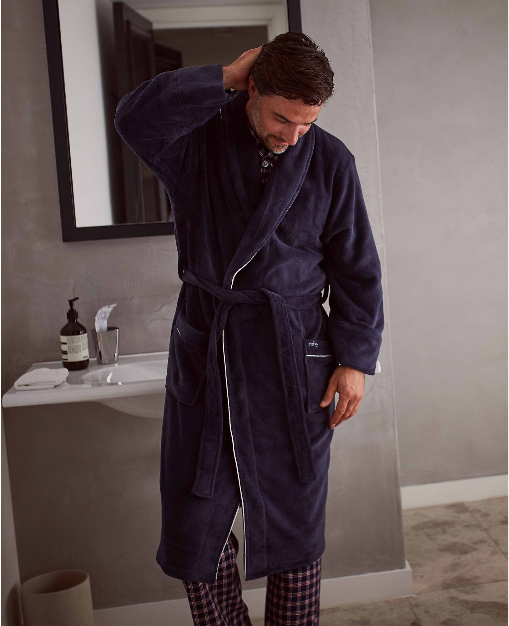 Navy Fleece Dressing Gown With Piping S