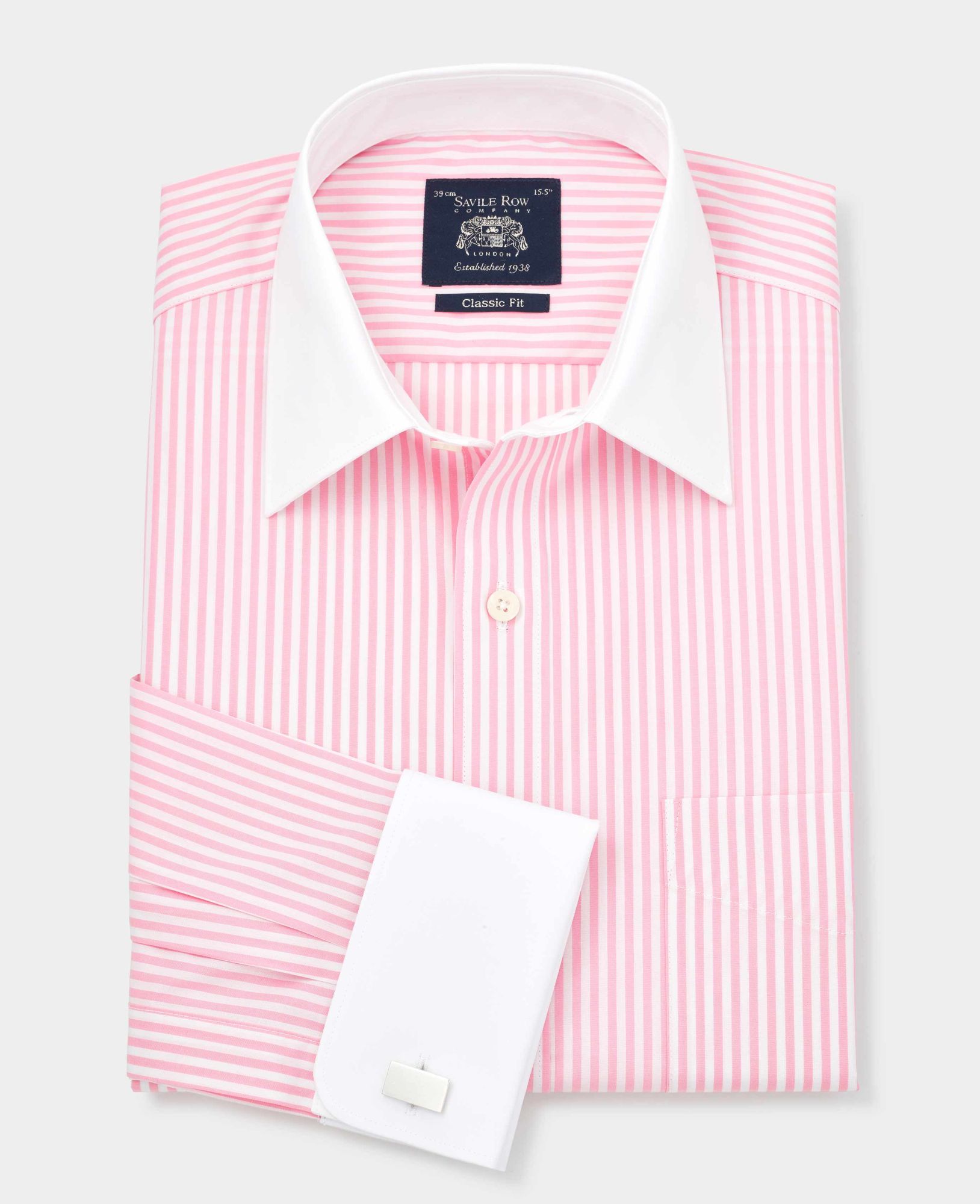 Pink Stripe Classic Fit Contrast Collar Shirt With White Collar & Double Cuffs 16 1/2
