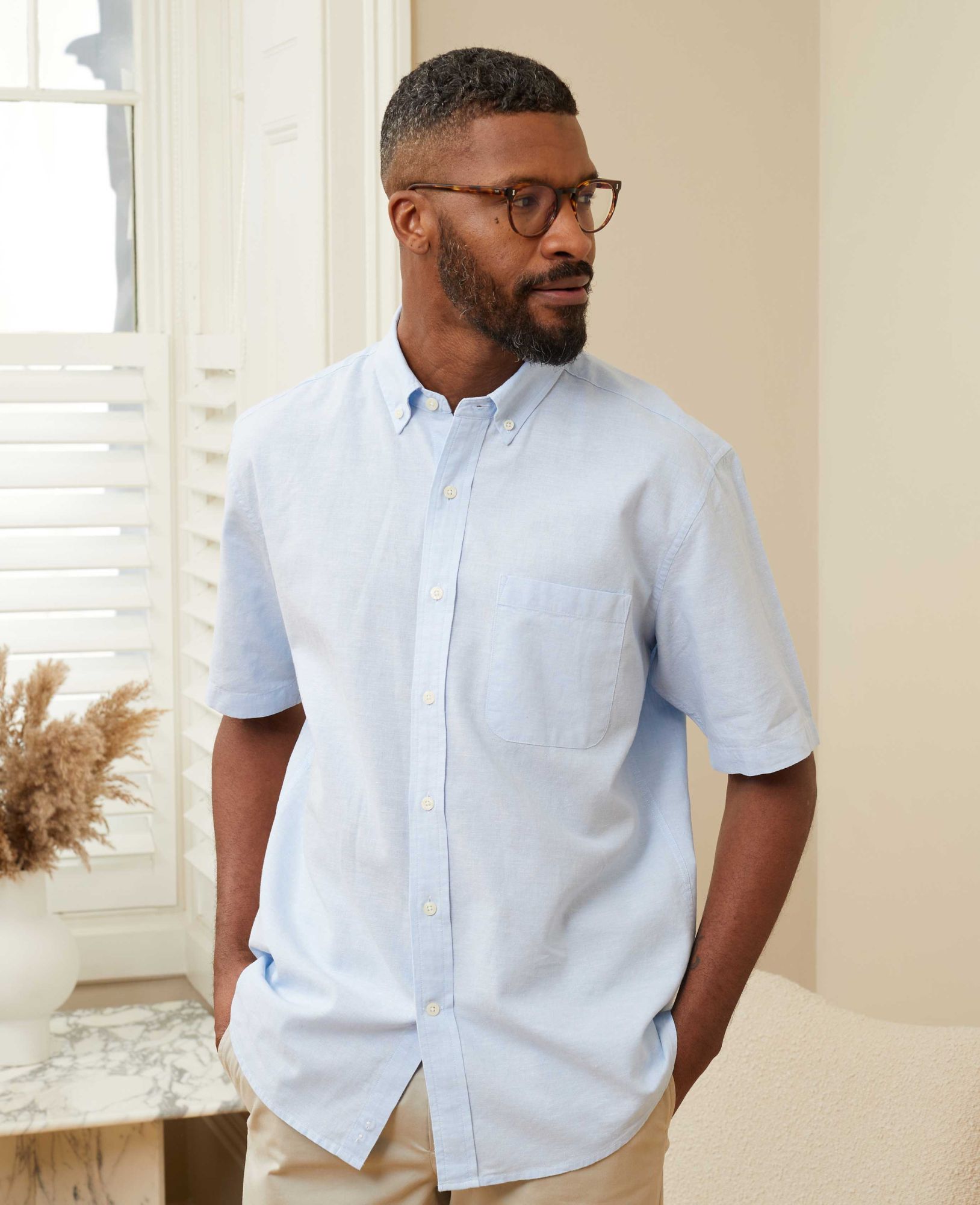 Light Blue Linen Cotton Short Sleeve Shirt XL