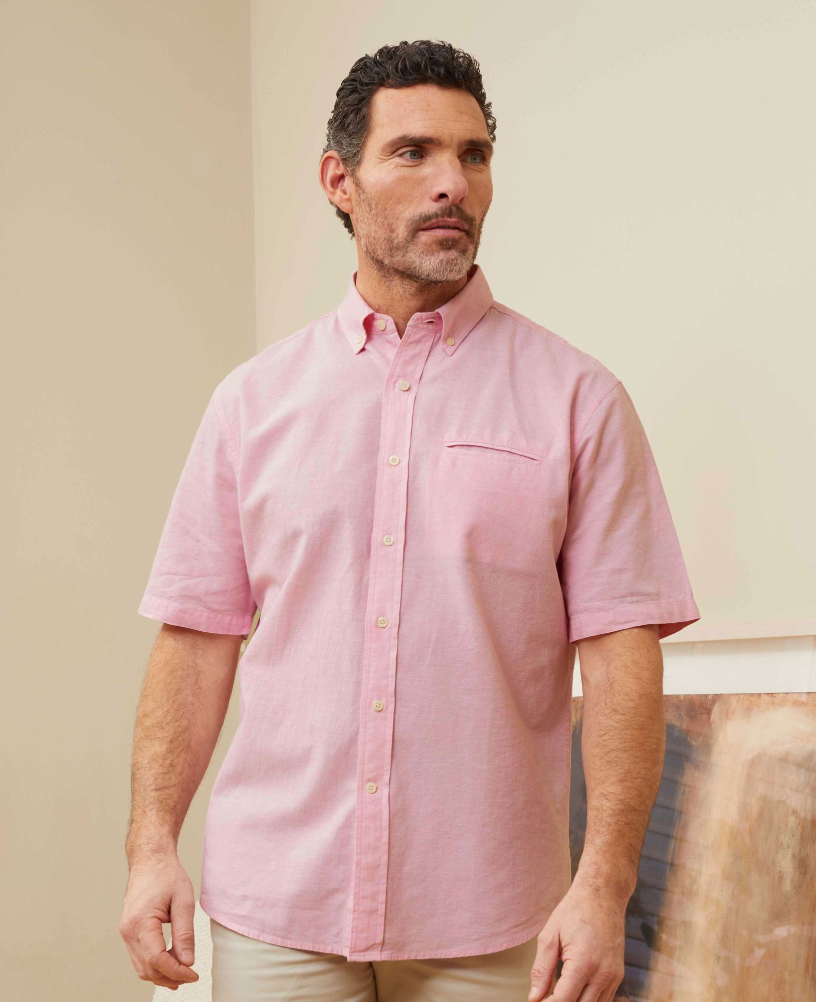 Pink Linen Cotton Short Sleeve Shirt XL
