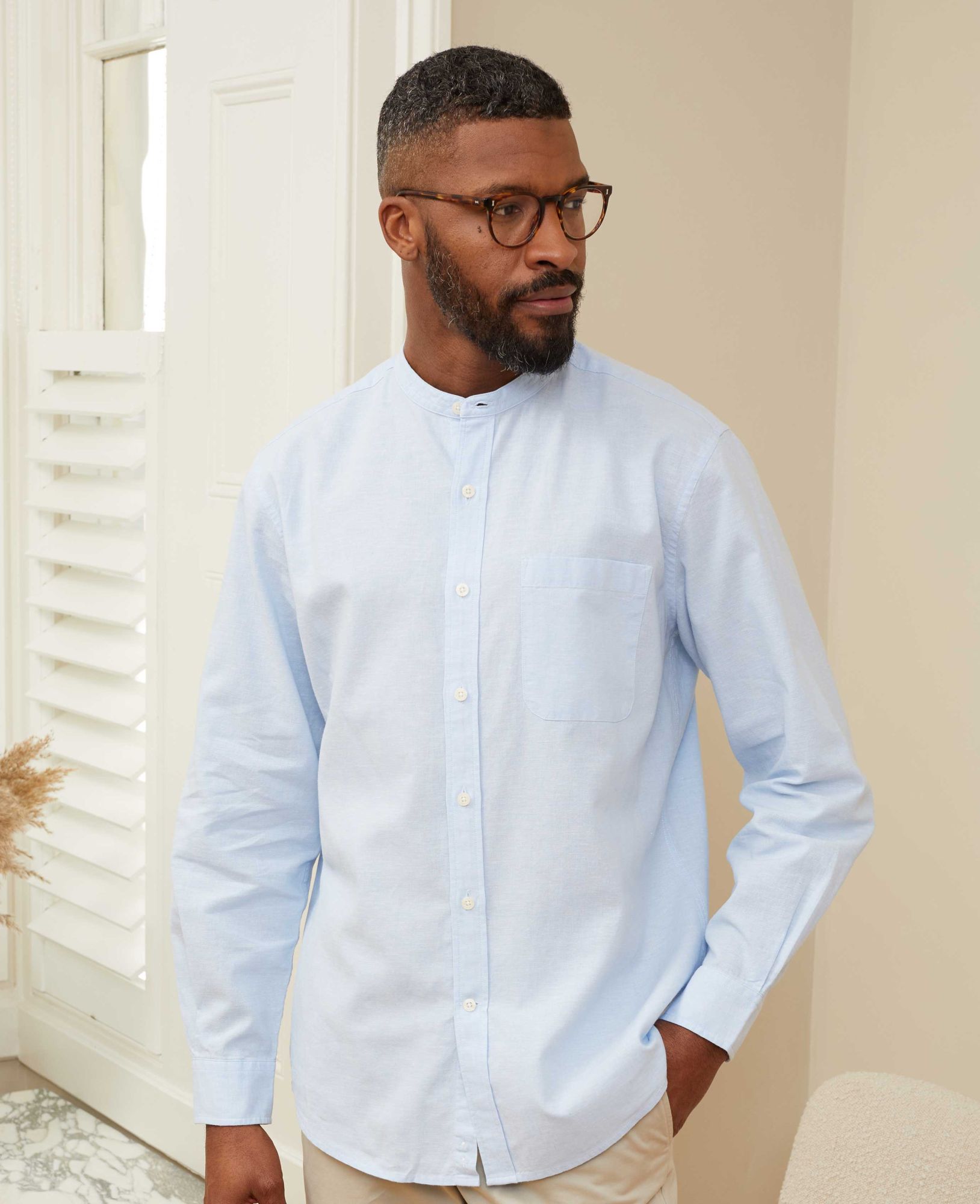 Light Blue Linen Cotton Grandad Collar Shirt XL Standard