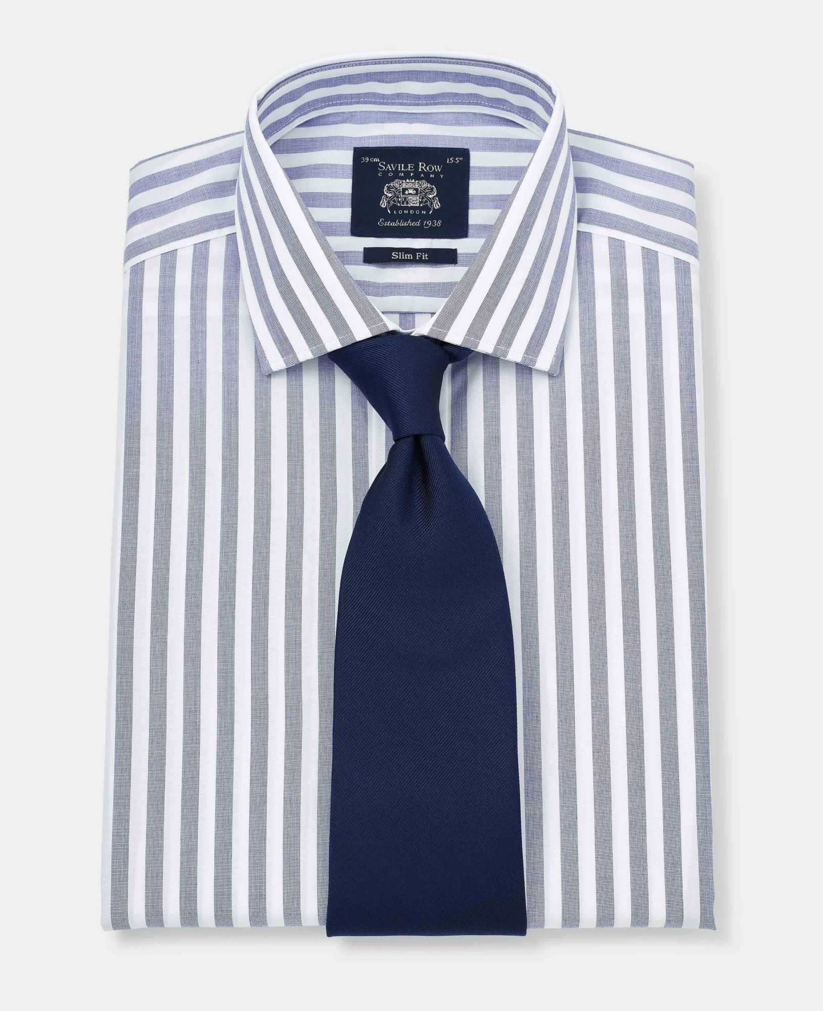 Navy White Slim Fit Striped Shirt - Single Cuff 17