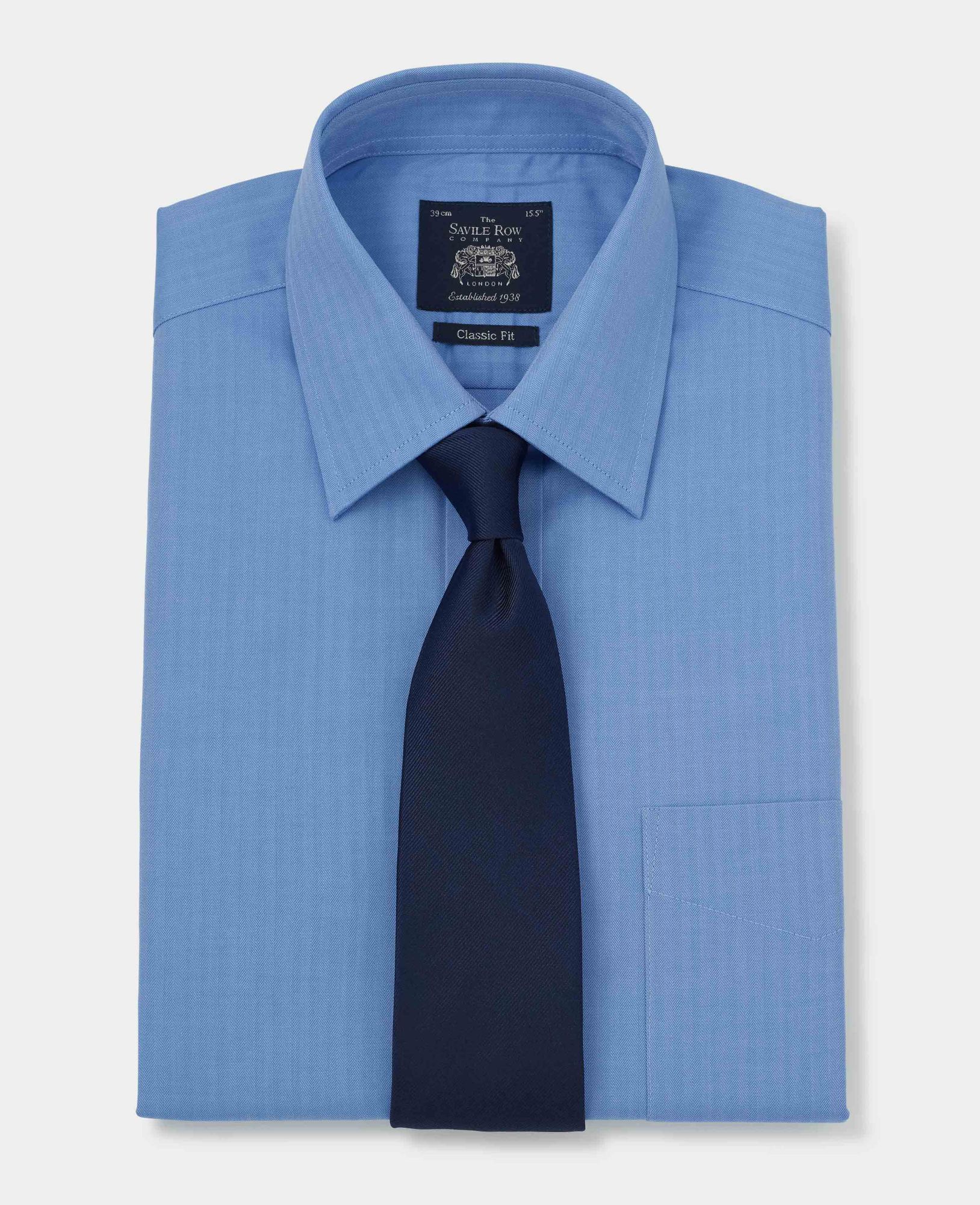 Mid Blue Herringbone Classic Fit Shirt - Double Cuff 19 1/2