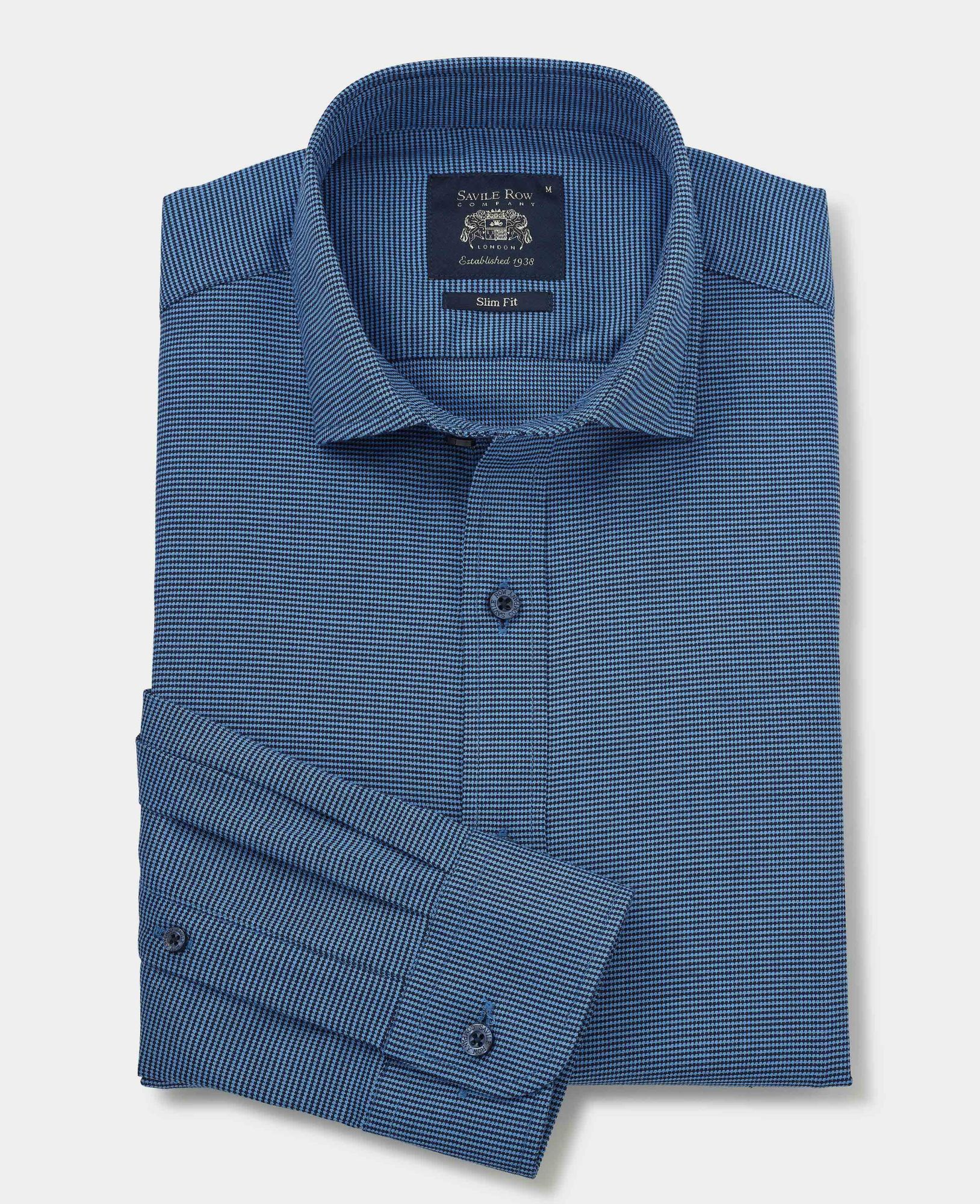 Mid Blue Puppytooth Stretch Cotton Smart Casual Shirt M Standard