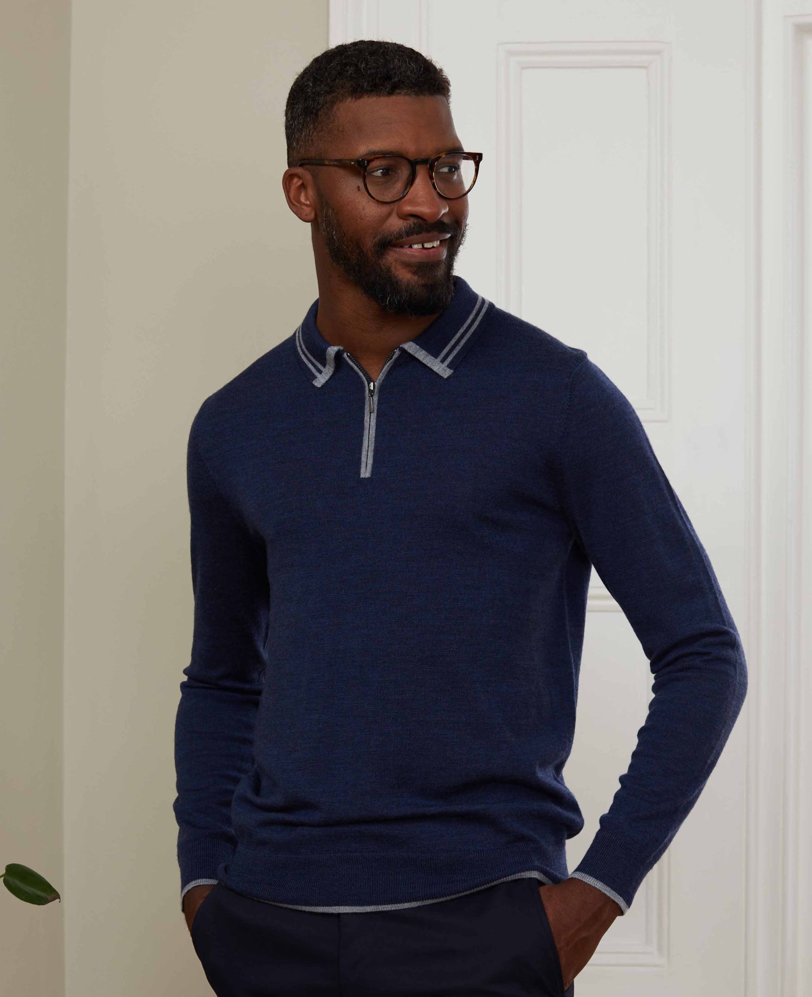 Blue Merino Wool Zip-Neck Knitted Polo Shirt XXL