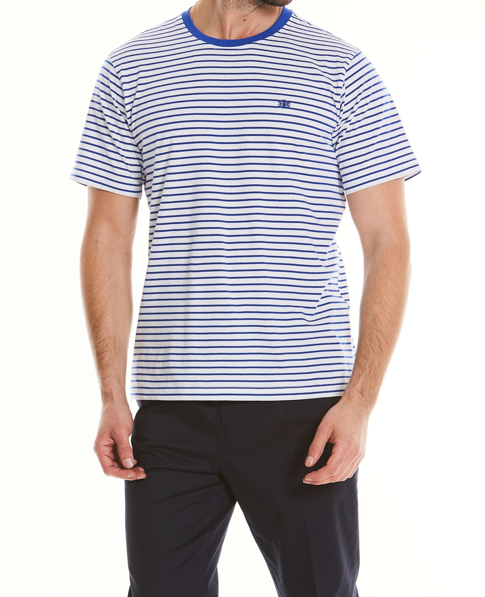 White Blue Striped Cotton Jersey Crew Neck T-Shirt S
