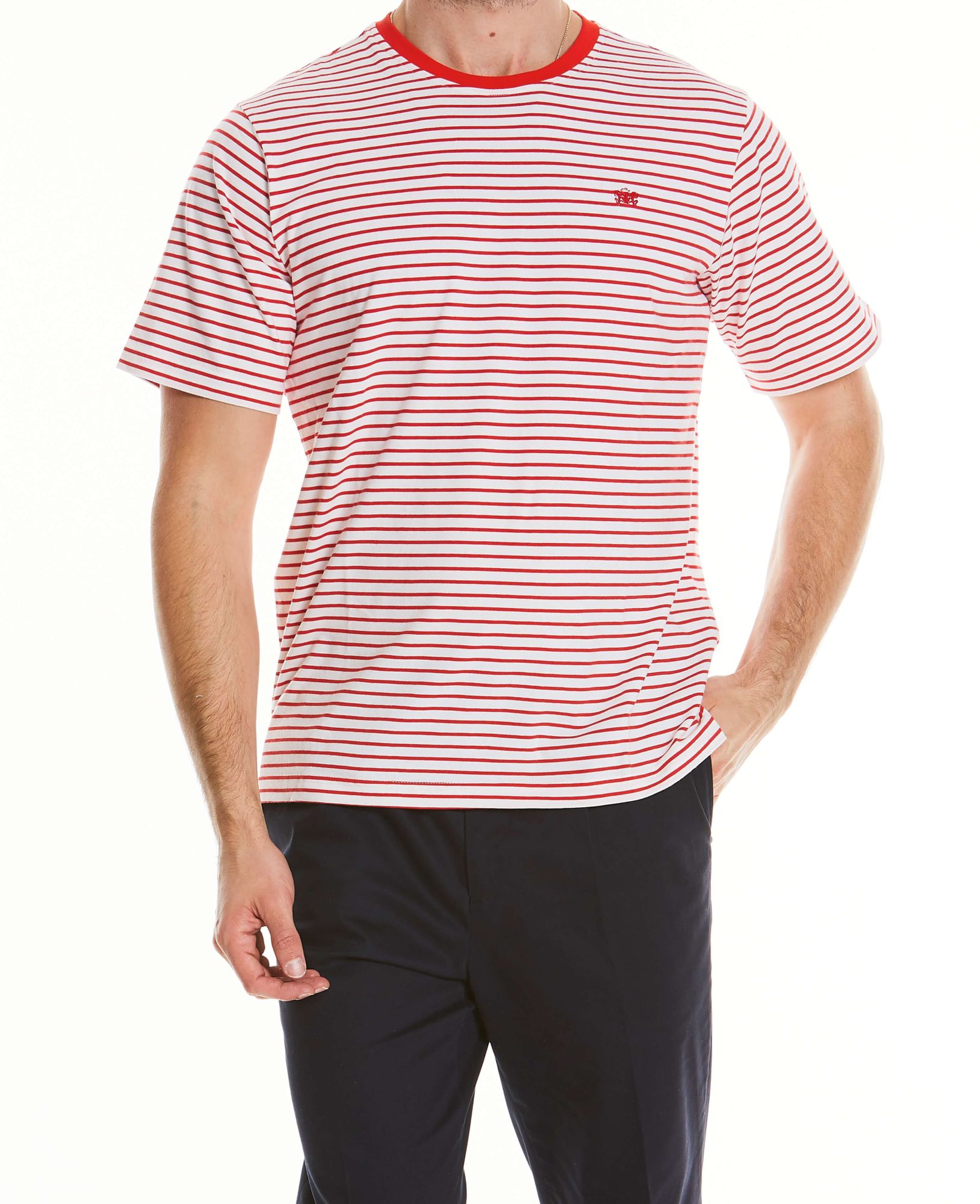 White Red Striped Cotton Jersey Crew Neck T-Shirt L