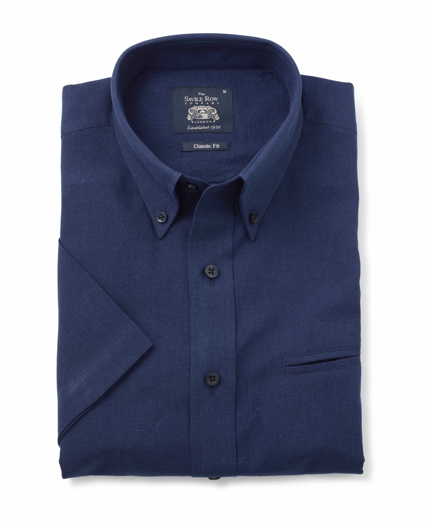 Navy Linen-Blend Classic Fit Short Sleeve Shirt L