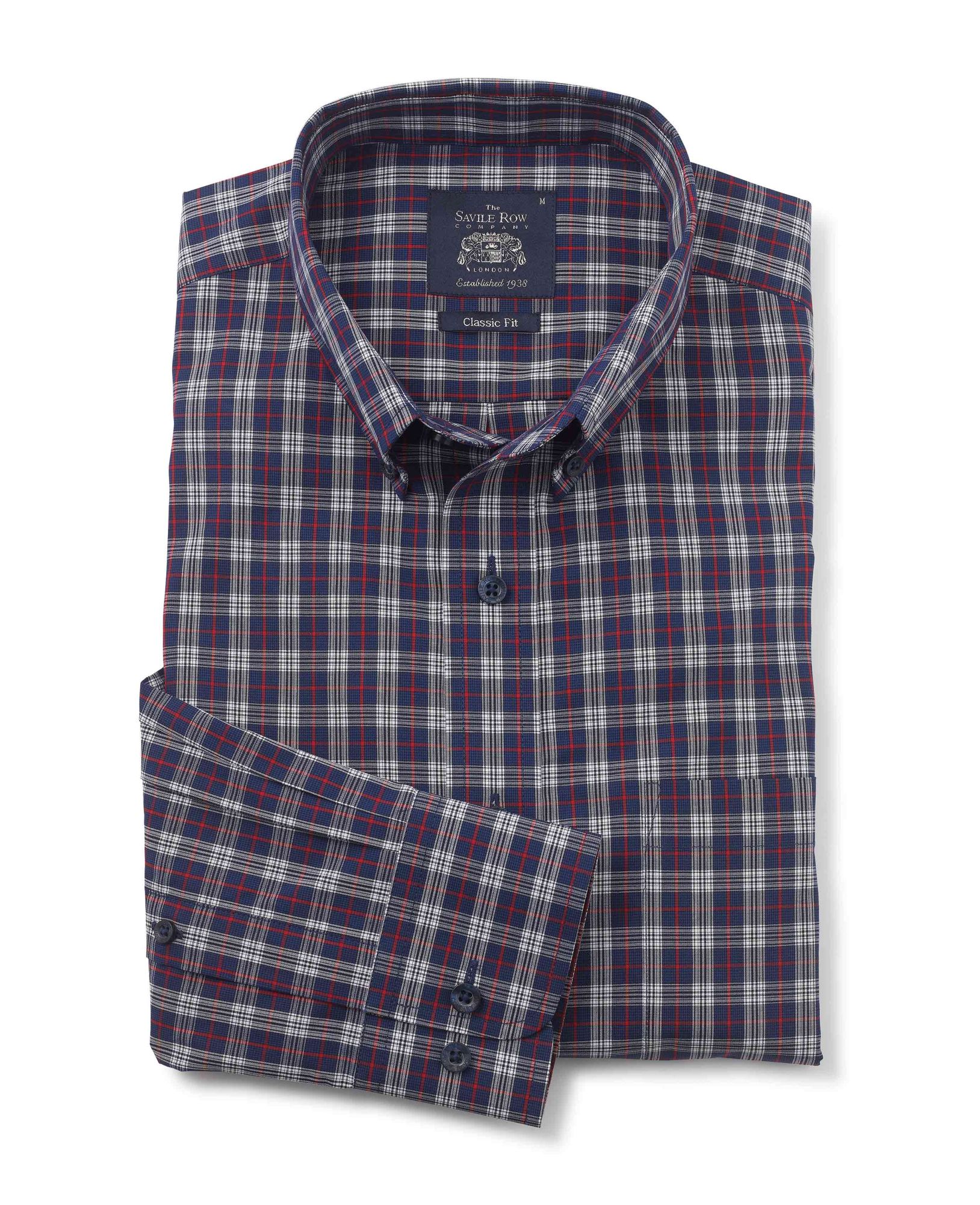 Navy White Red Check Classic Fit Casual Shirt S Standard