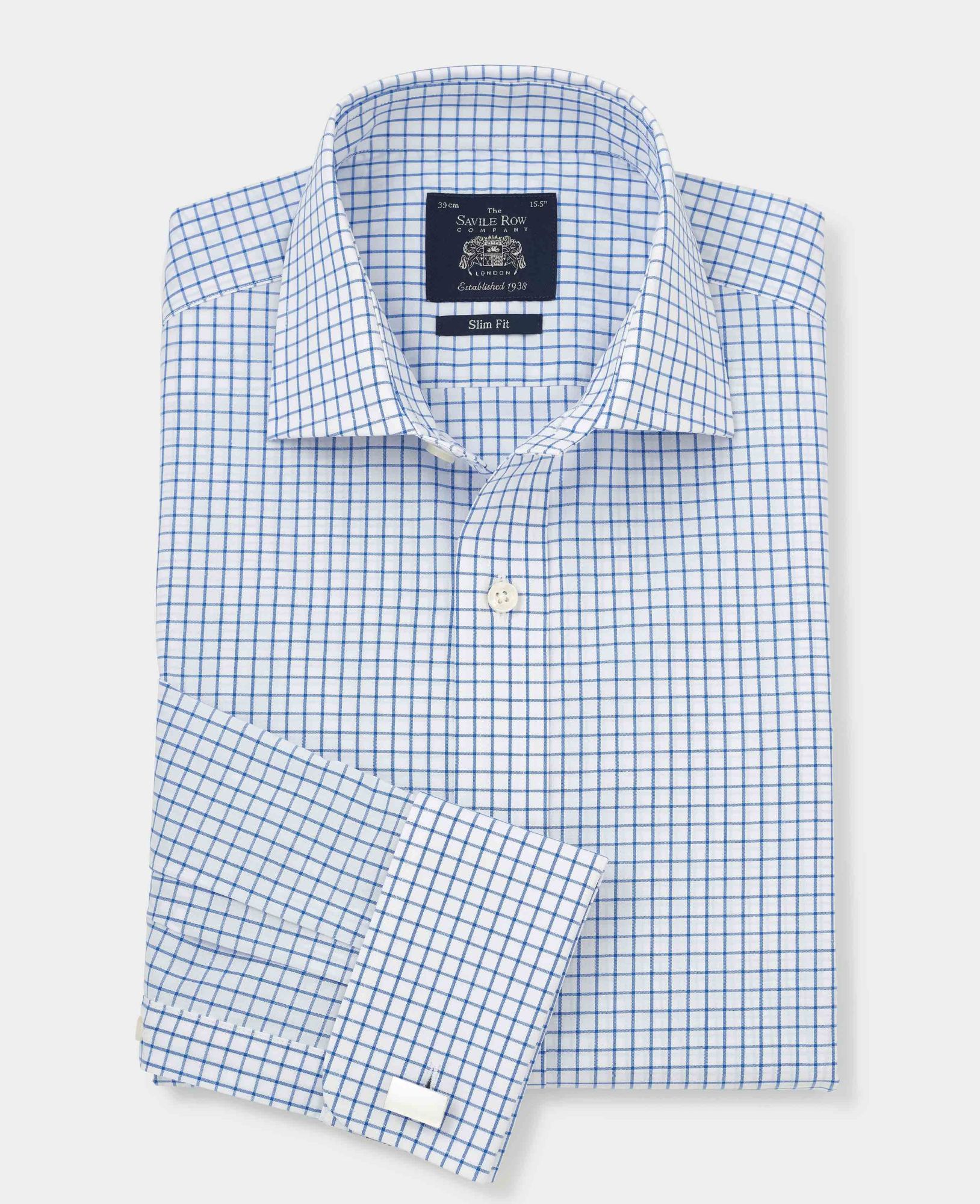 White Blue Windowpane Check Slim Fit Shirt - Double Cuff 15