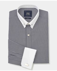 Dark Navy Reverse Stripe Slim Fit Pin Collar Shirt - White Double cuffs & Collar