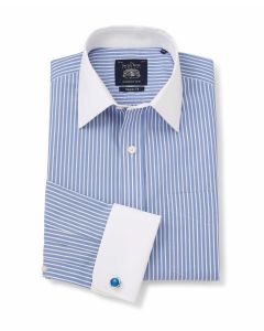 Blue White Stripe Classic Fit Non-Iron Shirt With White Collar & Cuffs - Double Cuff - 2027BLW