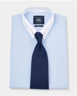 Sky Blue White Stripe Classic Fit Pin Collar Shirt With White Collar & Cuffs - Double Cuff