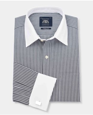 Black White Stripe Classic Fit Shirt With White Collar & Cuffs - Double Cuff - 1373NAW