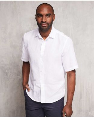 White Short Sleeve Pure Linen Slim Fit Shirt in Shorter Length