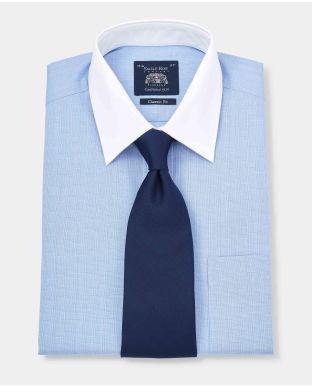 Blue White Prince of Wales Check Classic Fit Shirt With White Collar & Cuffs - Double Cuff