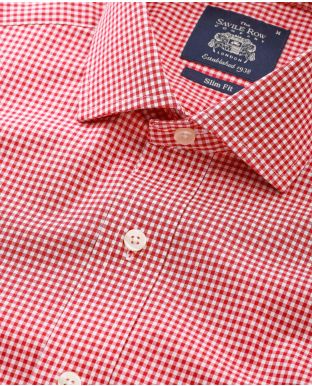 Red White Gingham Slim Fit Shirt - Single Cuff