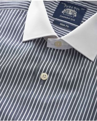 Dark Navy Reverse Stripe Slim Fit Shirt - White Double cuffs & Collar