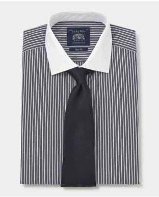 Dark Navy Reverse Stripe Slim Fit Shirt - White Double cuffs & Collar