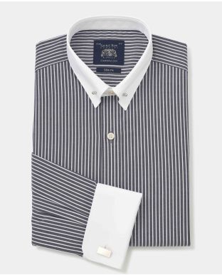 Dark Navy Reverse Stripe Slim Fit Pin Collar Shirt - White Double cuffs & Collar