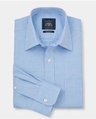 Blue Herringbone Classic Fit Windsor Collar Shirt - Single Cuff - 3047BLU - Large Image