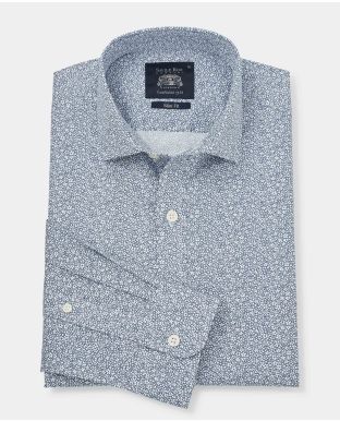 Navy White Stretch Cotton Printed Slim Fit Casual Shirt