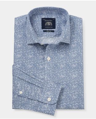 Navy Paisley Print Slim Fit Shirt - Single Cuff