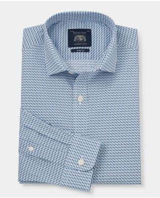 Navy Geometric Print Slim Fit Shirt - Single Cuff