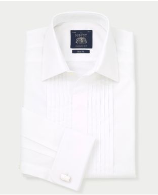 White Poplin Pleated Slim Fit Double Cuff Evening Shirt Folded Shot