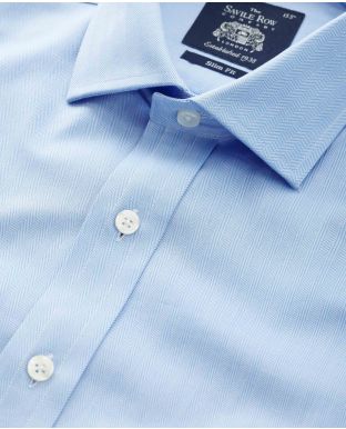 Blue Herringbone Slim Fit Shirt - Single Cuff
