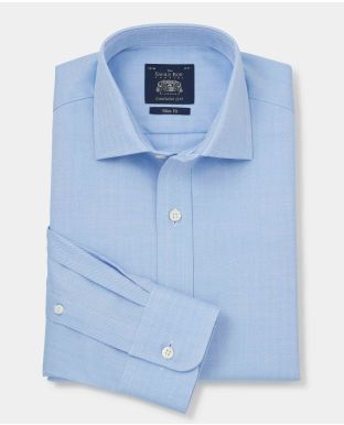 Blue Herringbone Slim Fit Shirt - Single Cuff