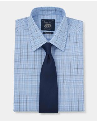 Blue Navy Prince Of Wales Check Classic Fit Shirt - Single Cuff