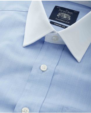 Blue White Prince of Wales Check Classic Fit Shirt With White Collar & Cuffs - Double Cuff