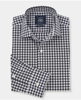 Dark Navy Gingham Check Slim Fit Shirt - Single Cuff