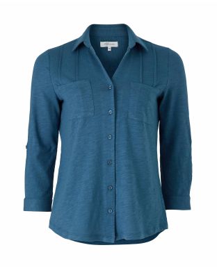 Denim Blue Slub Cotton 3/4 Sleeve Women's Shirt