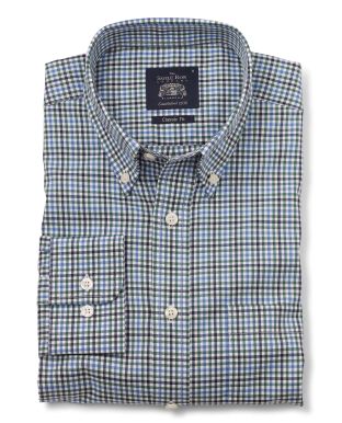 Green Blue Navy Twill Check Classic Fit Button-Down Casual Shirt