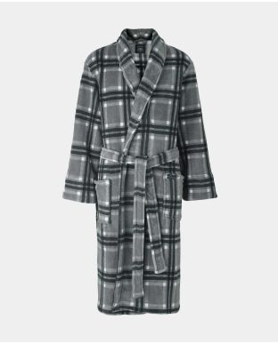 Grey Black White Large Check Fleece Dressing Gown