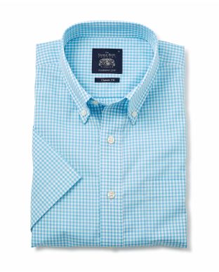 Turquoise Gingham Check Classic Fit Short Sleeve Shirt