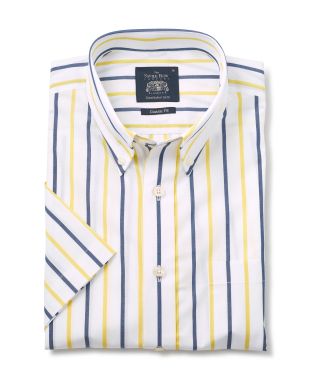 White Blue Yellow Stripe Classic Fit Short Sleeve Shirt